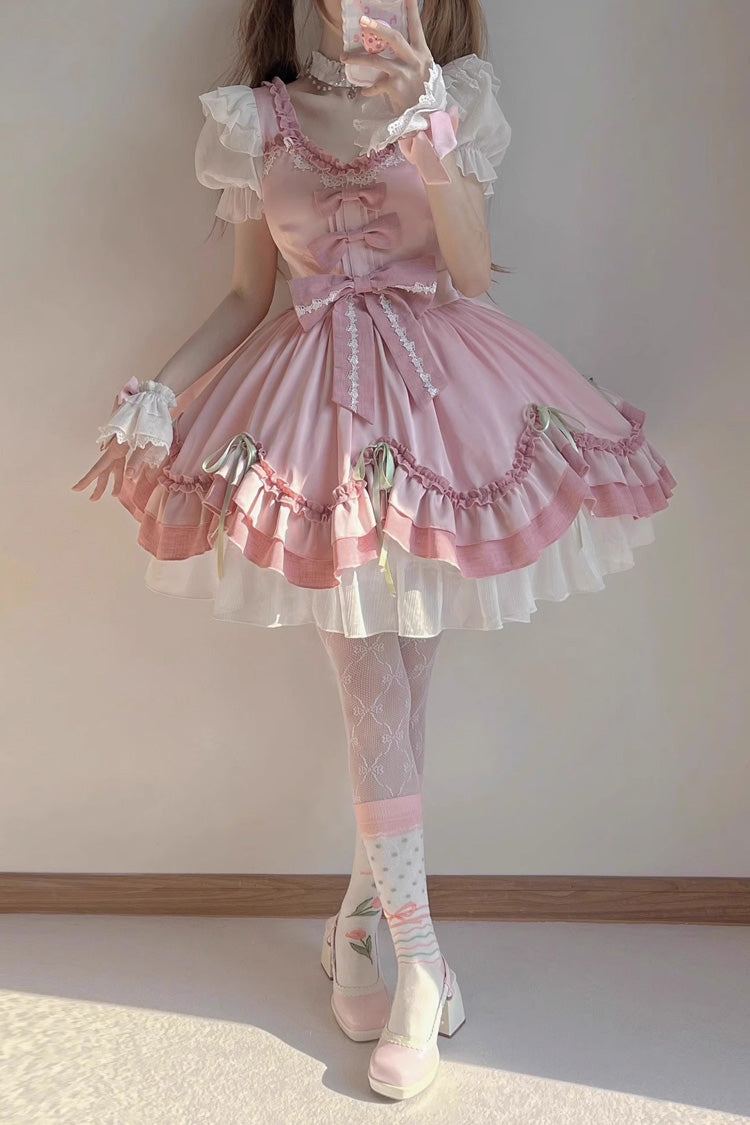 White/Pink Short Sleeves Ruffle Bowknot Princess Sweet Lolita OP Dress