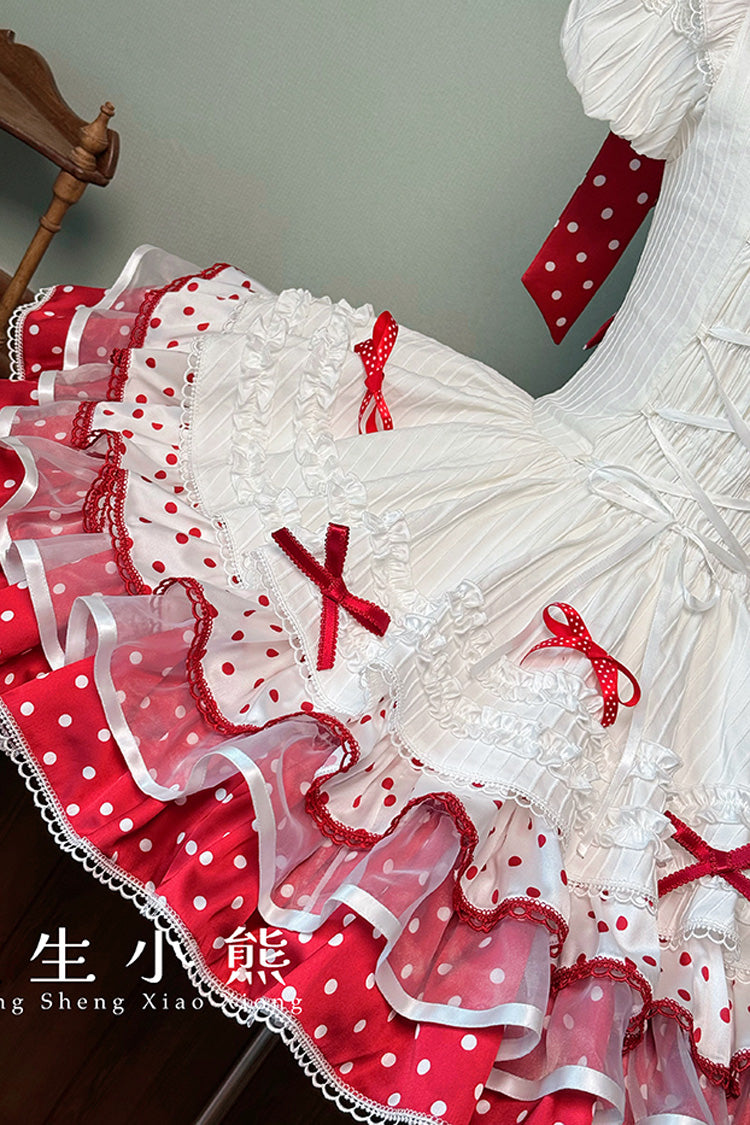 Red/White Twin Bears Sleeveless Triple-Layered Print Ruffle Bowknot Lace Sweet Lolita Jsk Dress