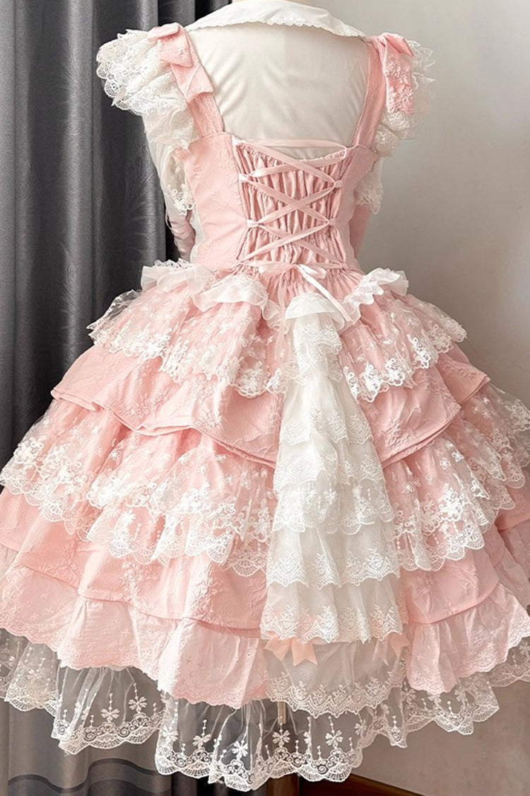 Pink Ten Miles of Peach Blossoms Sleeveless Multi-Layered Ruffle Embroidery Cardigan Bowknot Lace Pearl Sweet Gorgeous Lolita Jsk Dress