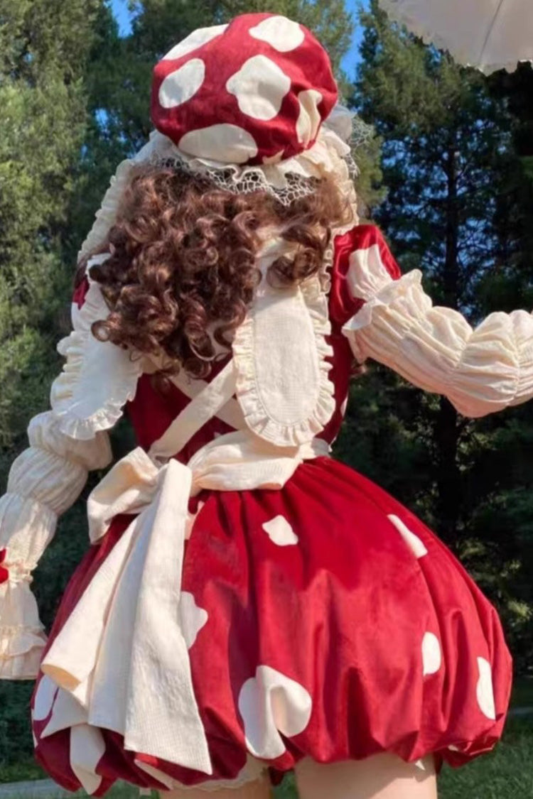 Red Mushrooms Print Short Sleeves Bowknot Sweet Lolita Jsk Dress