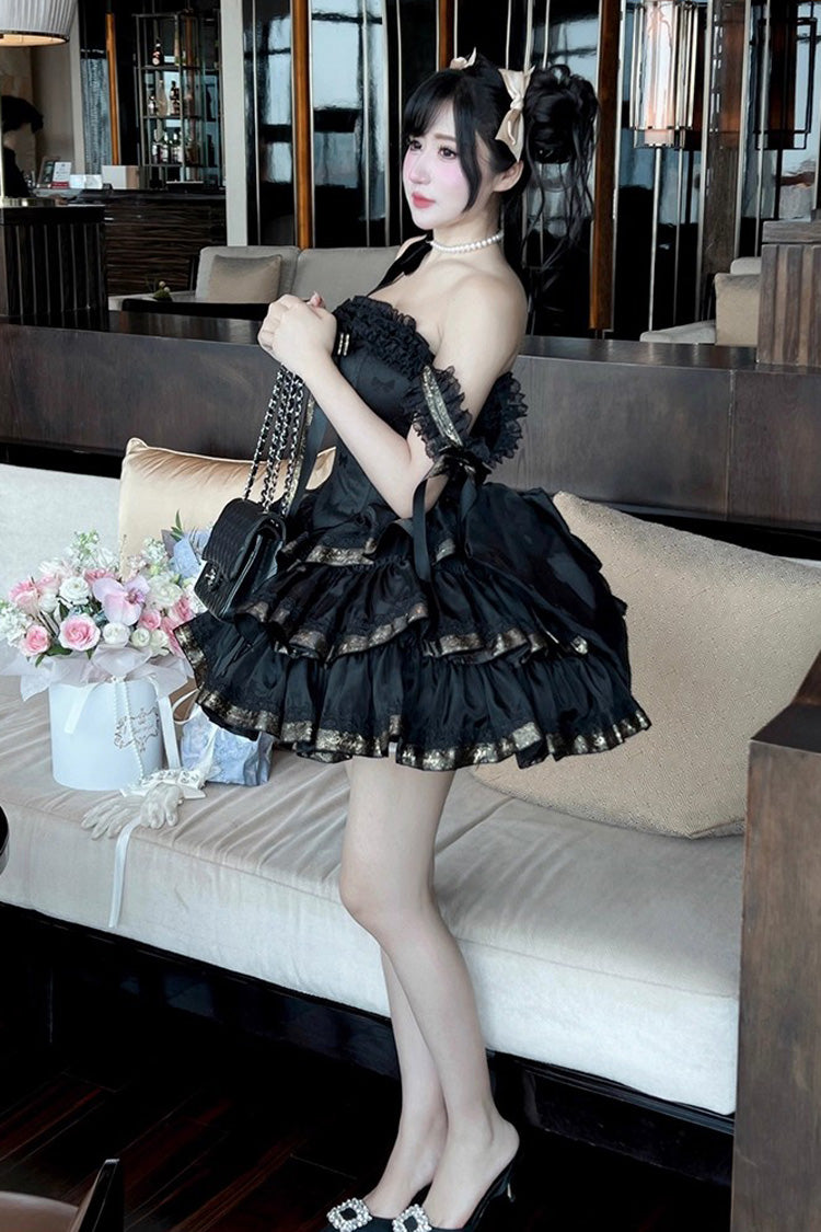 Black Princess Ribbon Off Shoulder Triple-Layered Ruffle Bowknot Sweet Lolita Dress