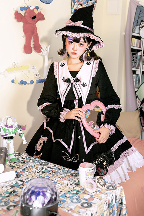 Dark Black High Waisted Purple Ruffled Long Sleeves Lolita OP Gothic Lolita Dress