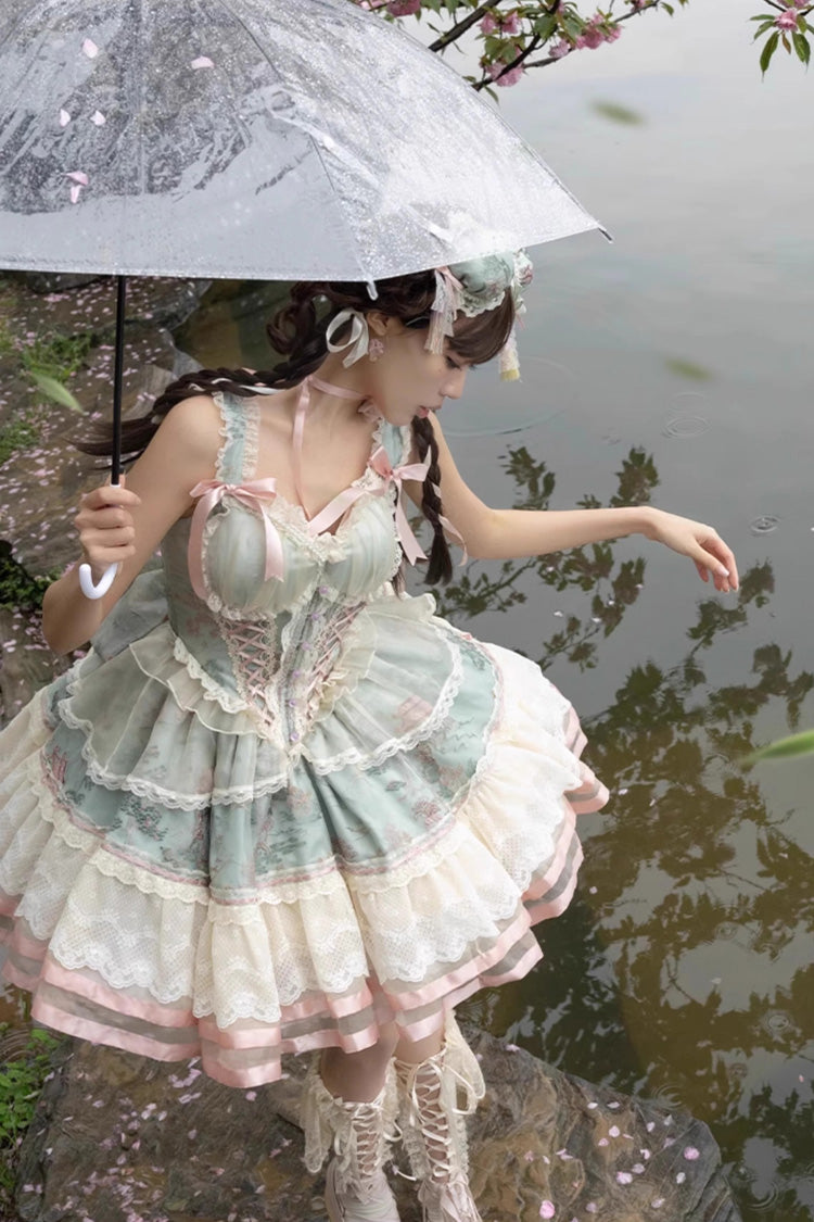 Green Waltz Multi-layer Print Ruffle Bowknot Sweet Chinese Style Elegant Lolita Jsk Dress