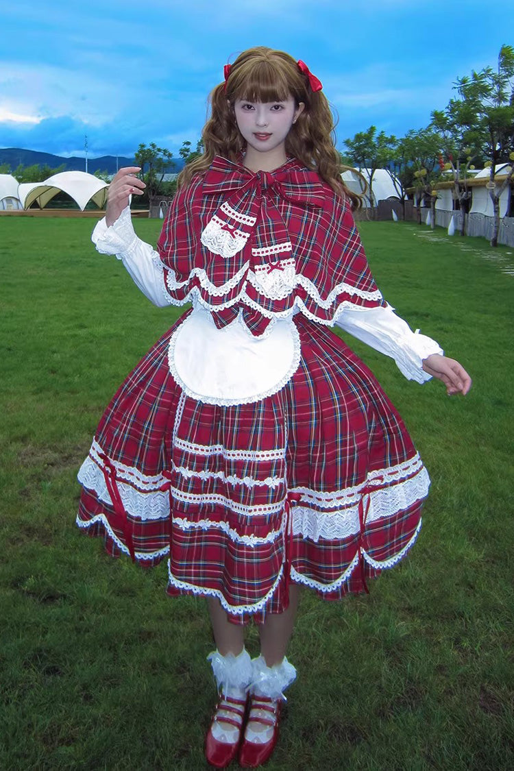 Red Gingham Petal Bunny Printed Ruffled Bow Sweet Lolita Jsk Dress