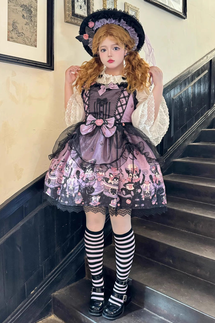 Purple Devil Cat Print Ruffle Bowknot Lace Gothic Lolita Jsk Dress (Plus Size Support)