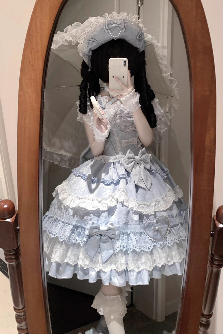 Blue Super Cute Belia Sleeveless Triple-Layered Ruffle Bowknot Lace Sweet Elegant Lolita Jsk Dress