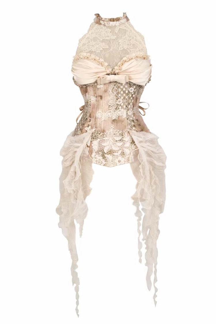 Golden Cupid's Poetry Box Halterneck Ruffled Embroidered Bow Lace Slim Fishbone Gothic Lolita Top and Skirt Dress Set