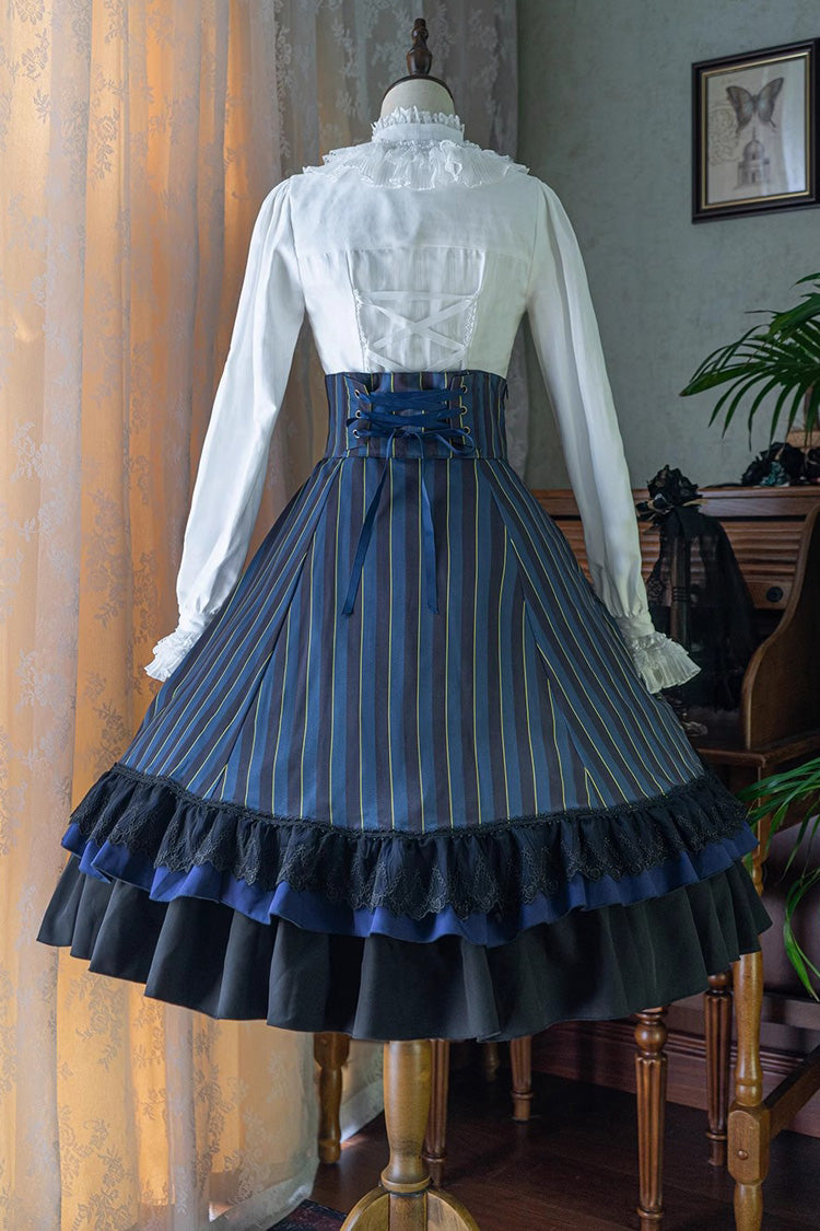Point Manor Multi-layer Striped Print Ruffle Vintage Elegant Gothic Lolita Skirt 4 Colors