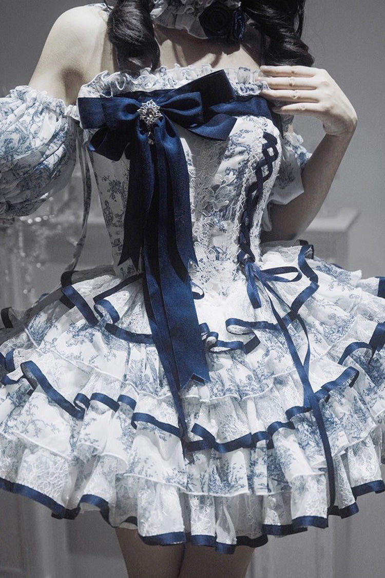 Blue/White Sleeveless Multi-Layered Print Bowknot Fishbone Sweet Classic Chinese Style Lolita Jsk Short Dress