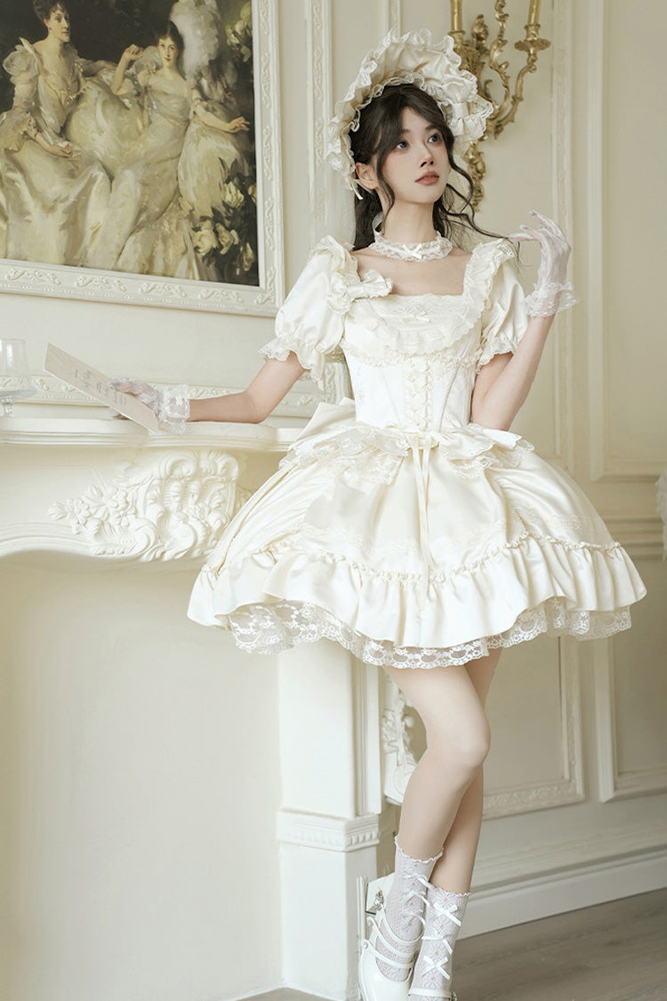 White Letters and Poems Square Collar Short Sleeves Ruffle Hanayome Bowknot Sweet Elegant Gorgeous Lolita Dress