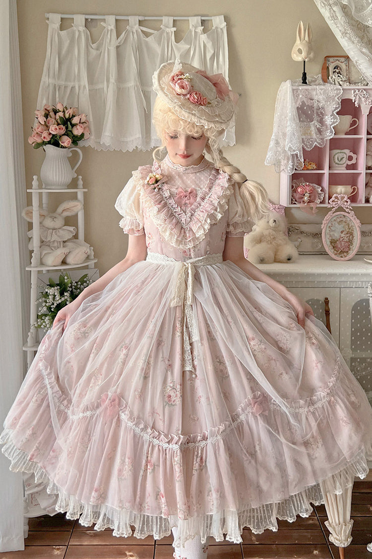 Daydream Rose Short Sleeves Floral Jacquard Print Ruffle Embroidery Bowknot Sweet Lolita Dress 3 Colors