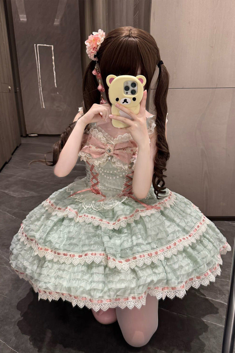 Green Song of Floral Letters Sleeveless Triple-Layered Bowknot Lace-Up Sweet Lolita Jsk Dress