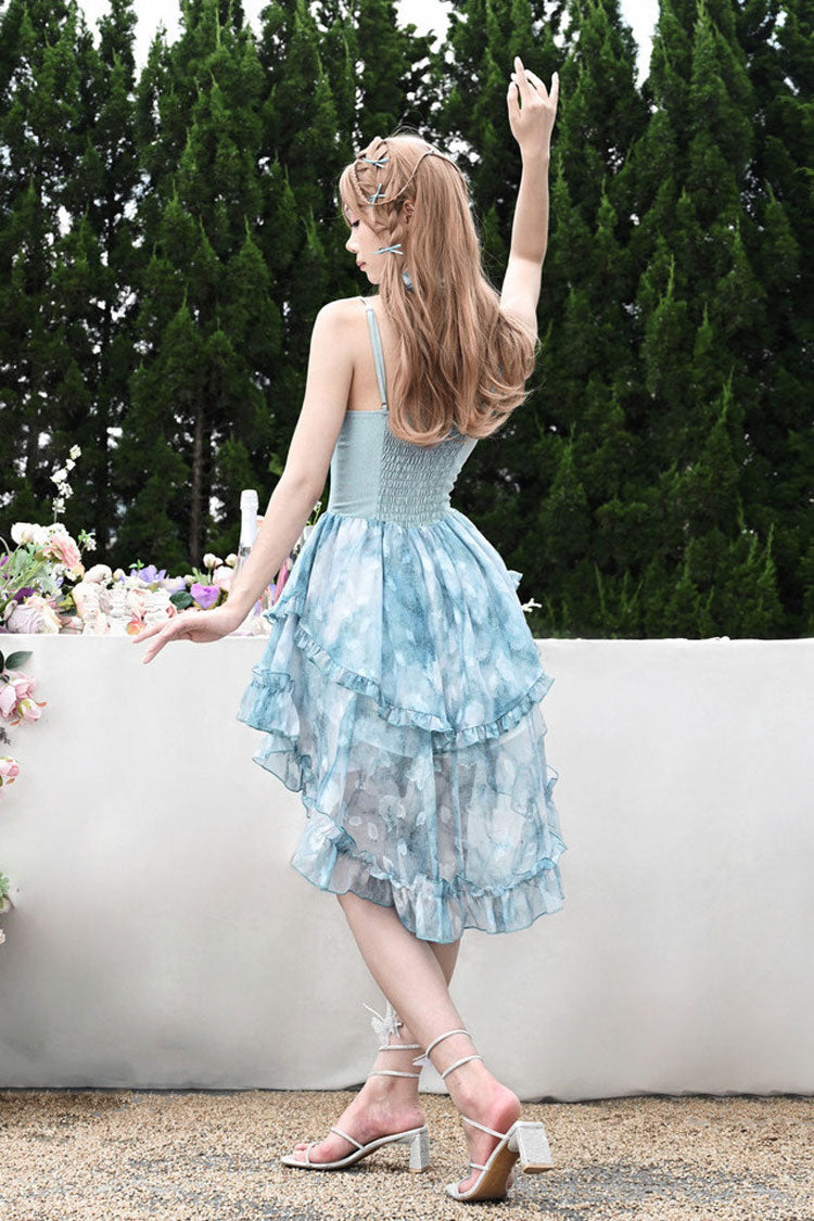 Blue Mirrorless Dream Double-Layered Tie-dyed Print Ruffle Bowknot Lace Train Sweet Lolita Jsk Dress