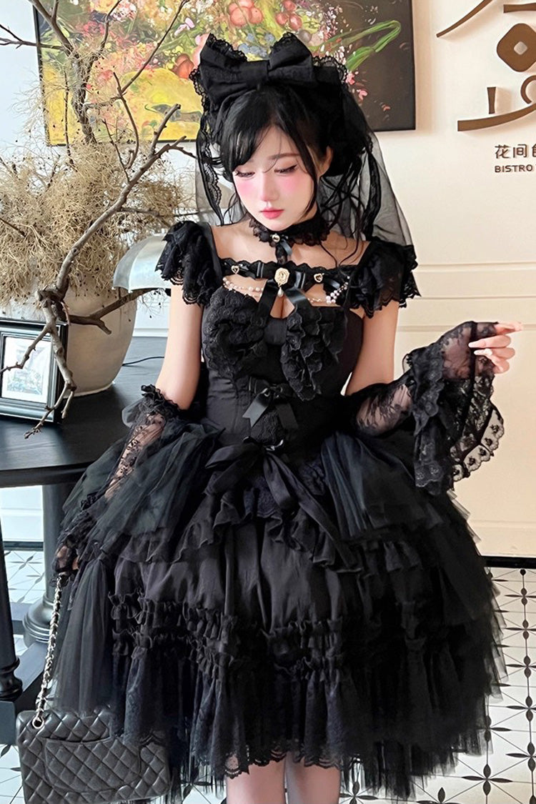 Black Jewelry Love Story Halterneck Ruffle Hanayome Bowknot Lace Gothic Lolita Dress