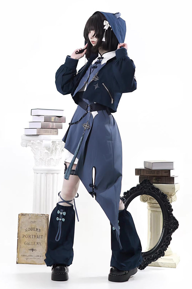 Blue Indigo Shadow Journey Stand Collar Long Sleeves Embroidered Hooded Asymmetric Punk Ouji Lolita Dress Four-Piece Set