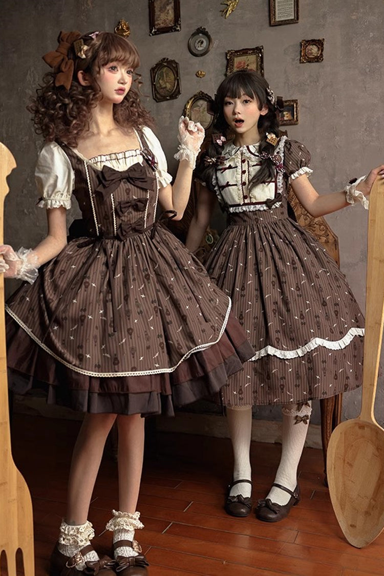 Brown Moro Coco Hot Air Balloon Print Ruffle Bowknot Sweet Elegant Princess Lolita Dress Long Version
