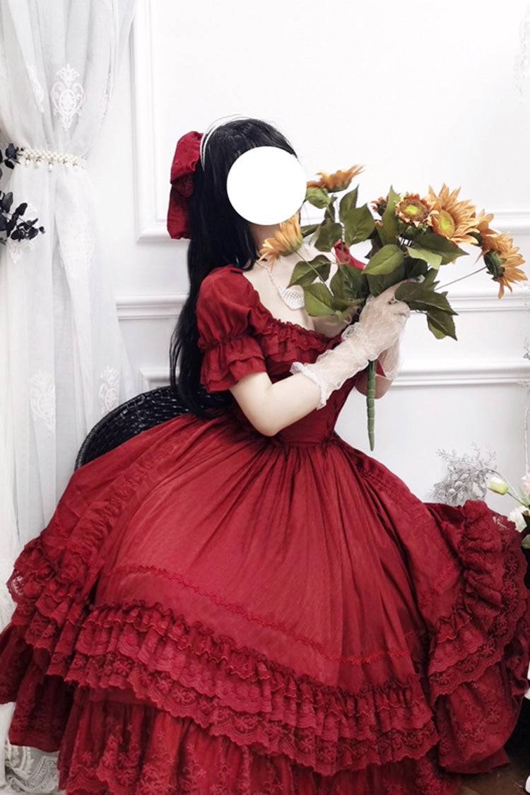 Red Short Puff Sleeves Multi-Layered Ruffle Bowknot Classic Vintage Lolita Dress