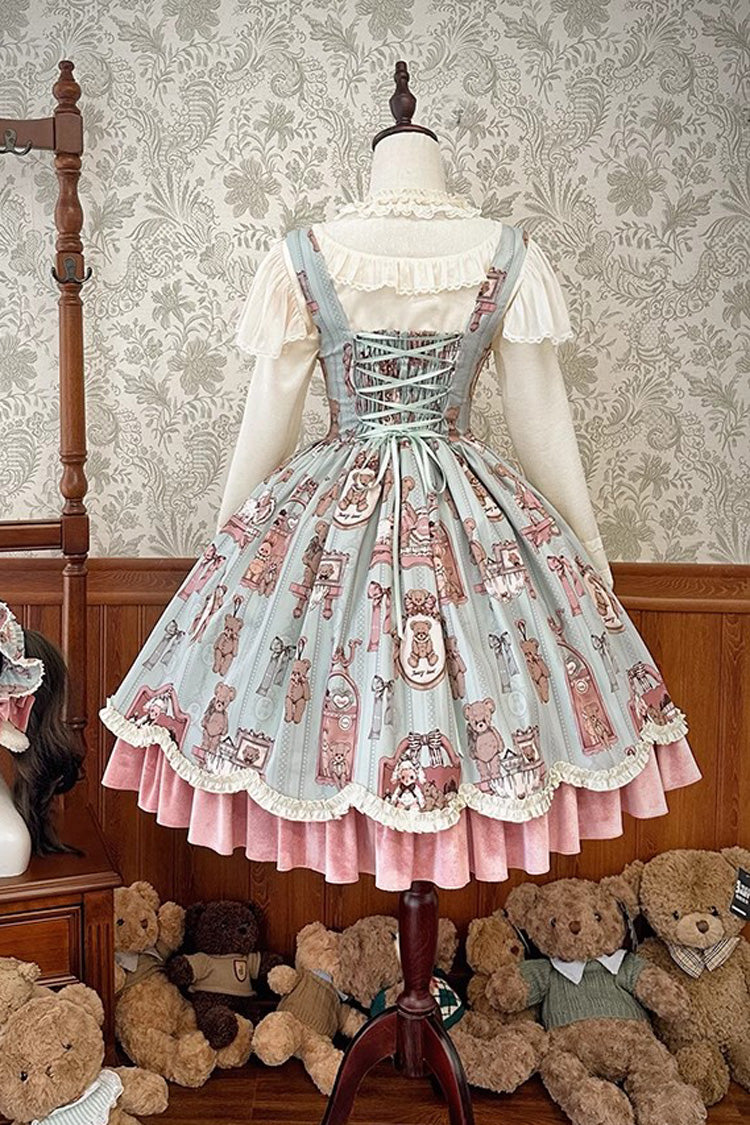 Pink/Green Bear Doll Wall Print Ruffle Embroidery Bowknot Sweet Corset Lolita Jsk Dress