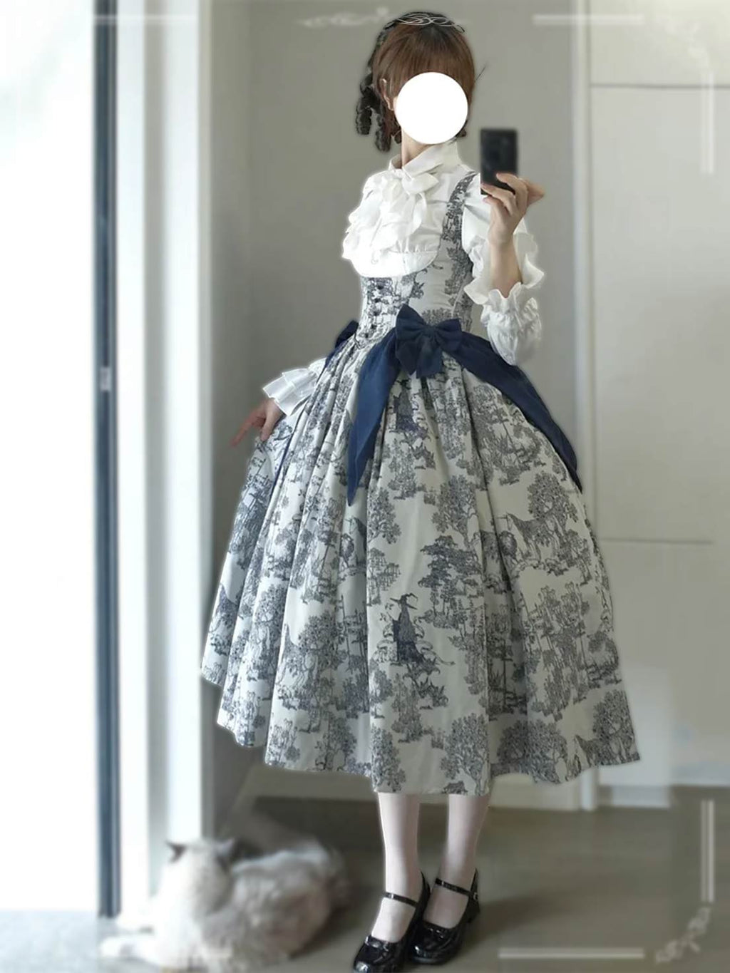 Classic Lolita Dress Toile Print JSK & Blouse - Vintage Navy Blue Palette
