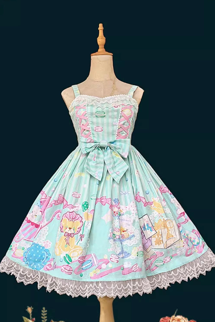 Macaron Dolly House Sleeveless Print Bowknot Lace-Up Sweet Lolita Jsk Dress 3 Colors