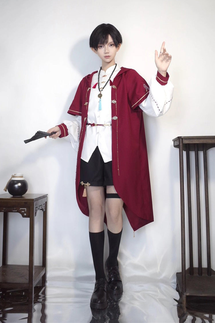Red/White/Black Stand Collar Long Sleeves Rabbit Ears Hooded Sweet Chinese Style Prince Ouji Lolita Robe Blouse Shorts Set