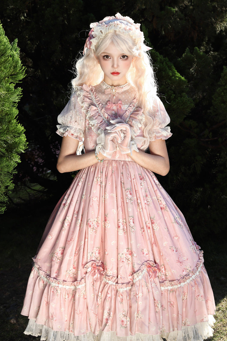 Daydream Rose Short Sleeves Floral Jacquard Print Ruffle Embroidery Bowknot Sweet Lolita Dress 3 Colors
