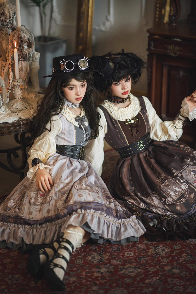 Demon Hunting Notes Long Lantern Sleeves Print Ruffle Sweet Elegant Lolita Dress 2 Colors