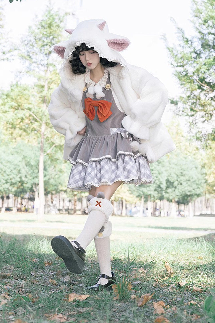 Grey Cute Grizzly Bear Plaid Print Bowknot Sweet Lolita Jsk Dress