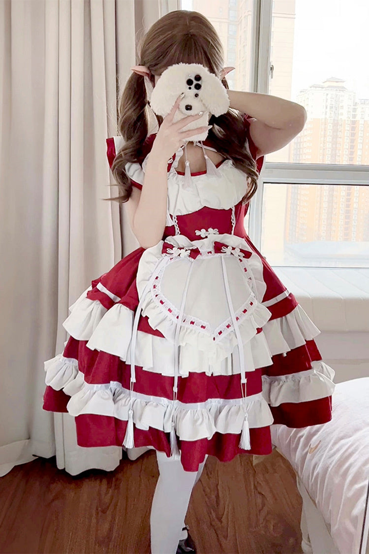 Red/White Love Double-Layered Ruffle Bowknot Sweet Plus Size Chinese Style Lolita Dress Full Set