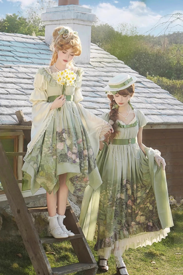 Green Blooming Roses Print Oil Painting Chiffon Short Sleeves Ruffle Bowknot Sweet Lolita Dress
