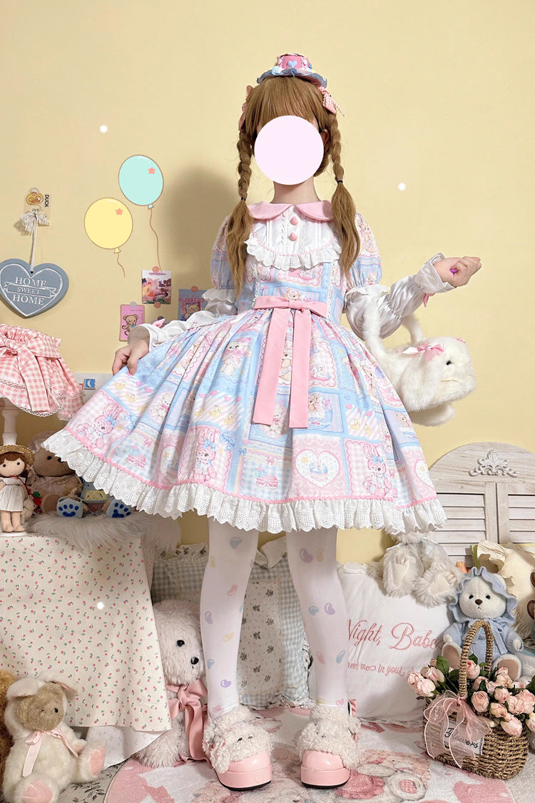 Sweetheart Bunny Bear Lapel Collar Long Sleeves Print Ruffle Bowknot Sweet Lolita Dress 3 Colors