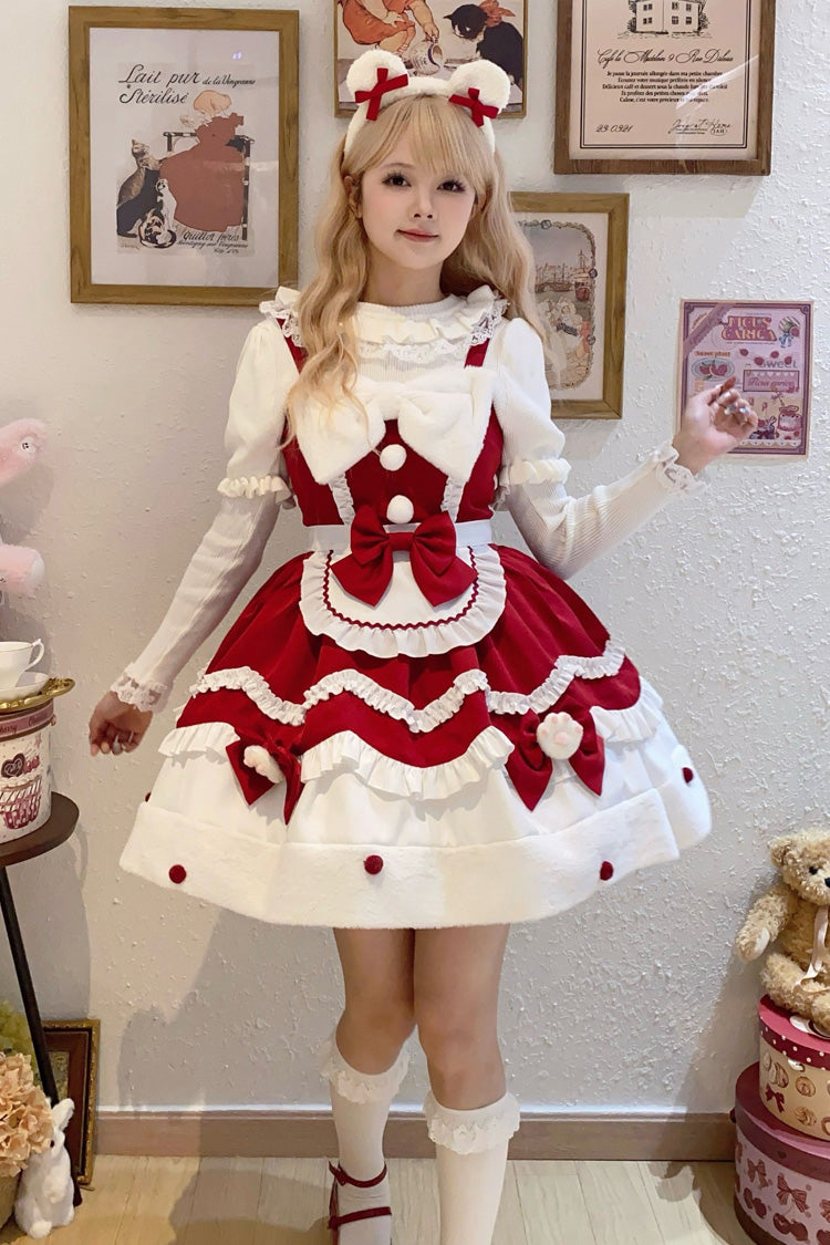 Cream Snow Cat Winter Ruffle Bowknot Sweet Lolita Jsk Dress 3 Colors