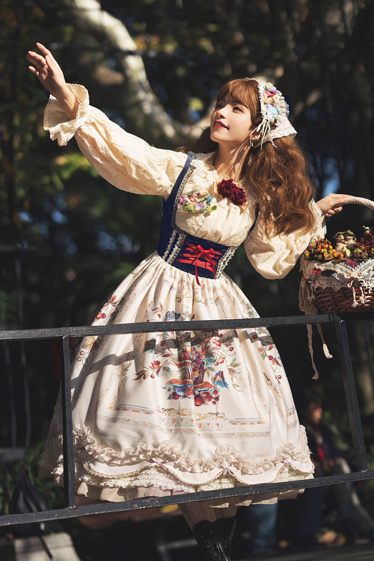 Ivory Ode to Plenty Berries and Birds Print Ruffle Bowknot Velvet Classic Lolita Breast Support Jsk Dress