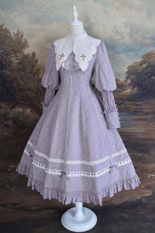 Purple Cross Dark Church Elegant Lace Long Sleeves Ruffled Classic Lolita OP Dress