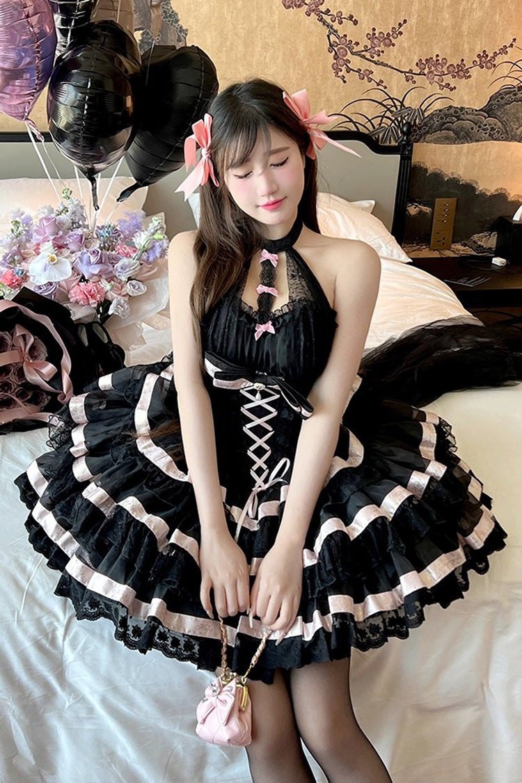 Black Ballet Dream Halterneck Triple-Layered Ruffle Bowknot Lace-Up Sweet Princess Lolita Dress