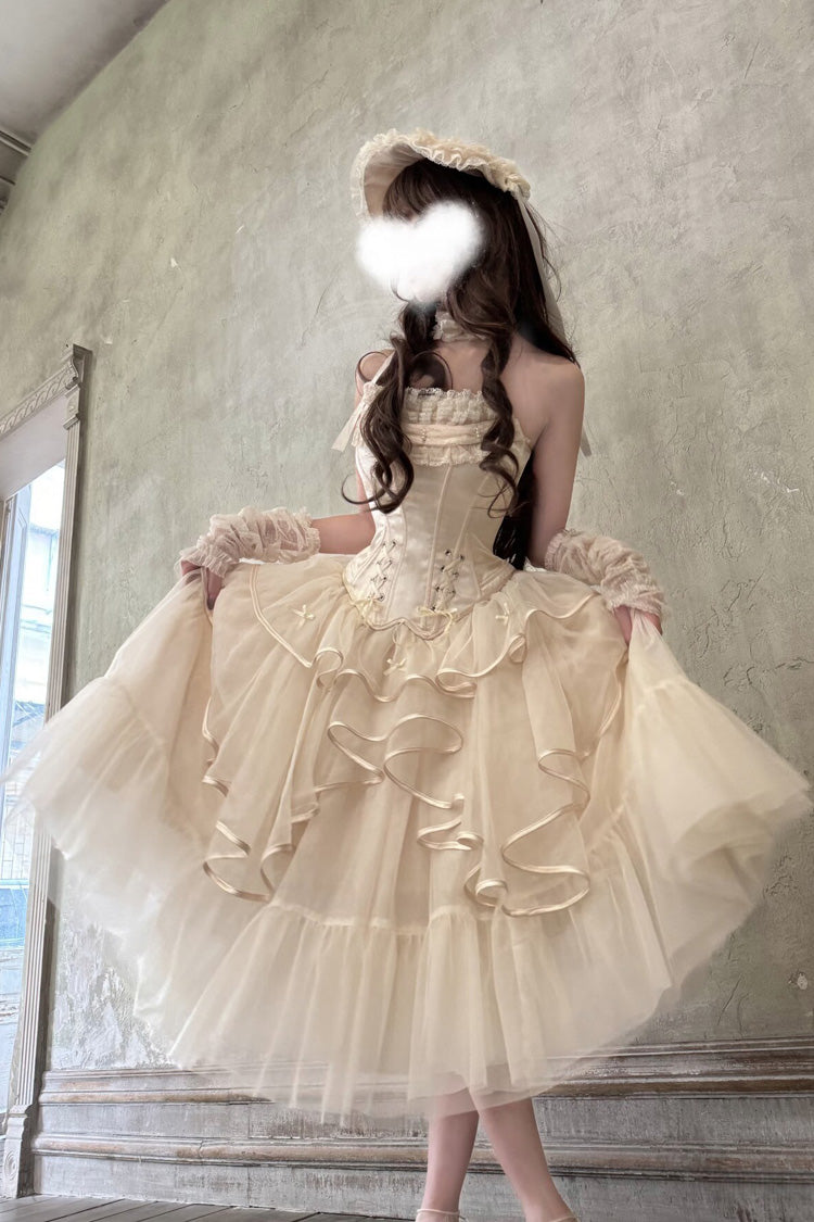 Ivory The Summer Waves Sparkle Square Collar Sleeveless Multi-Layered Ruffled Bow Lace-Up Slim Sweet Lolita Skirt Set
