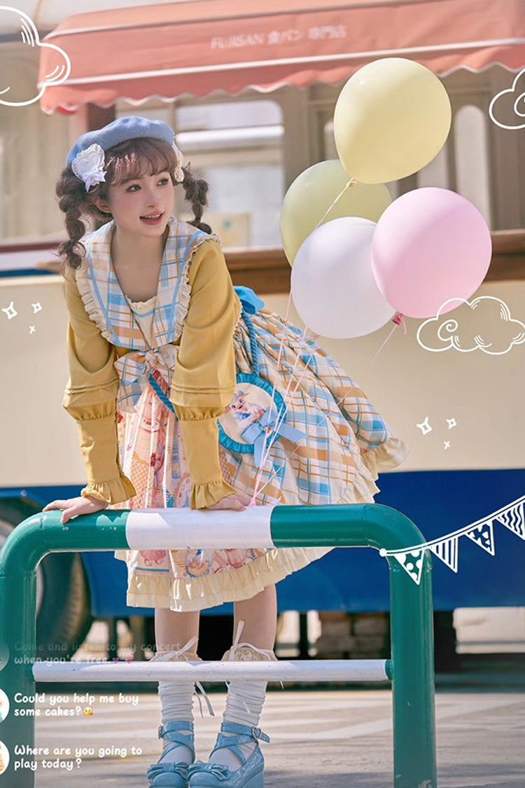 Yellow/Pink Cat Holiday Print Ruffle Bowknot Fake Two Pieces Sweet Lolita Dress