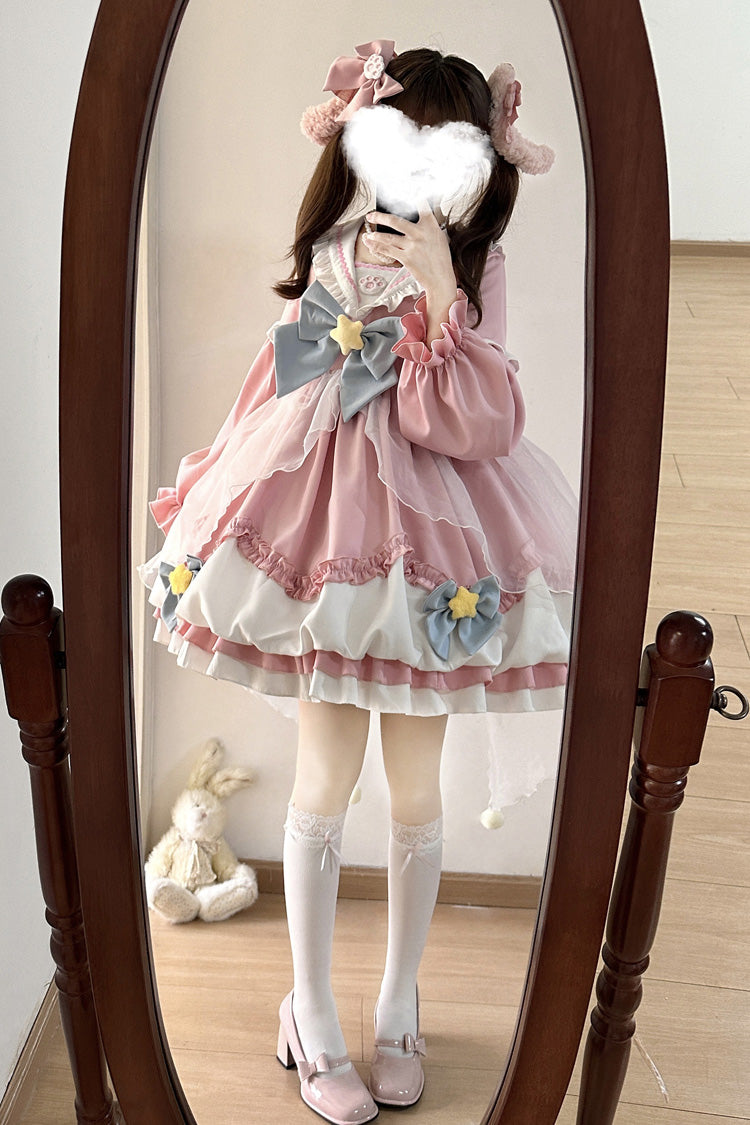 Pray Star Long Sleeves Double-Layered Ruffle Bowknot Stitching Lace Sweet Lolita Dress 5 Colors
