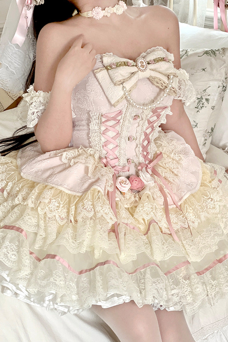 Pink Sweet Tea Rose Dew Triple-Layered Ruffle Bowknot Lace Gorgeous Sweet Lolita Skirt