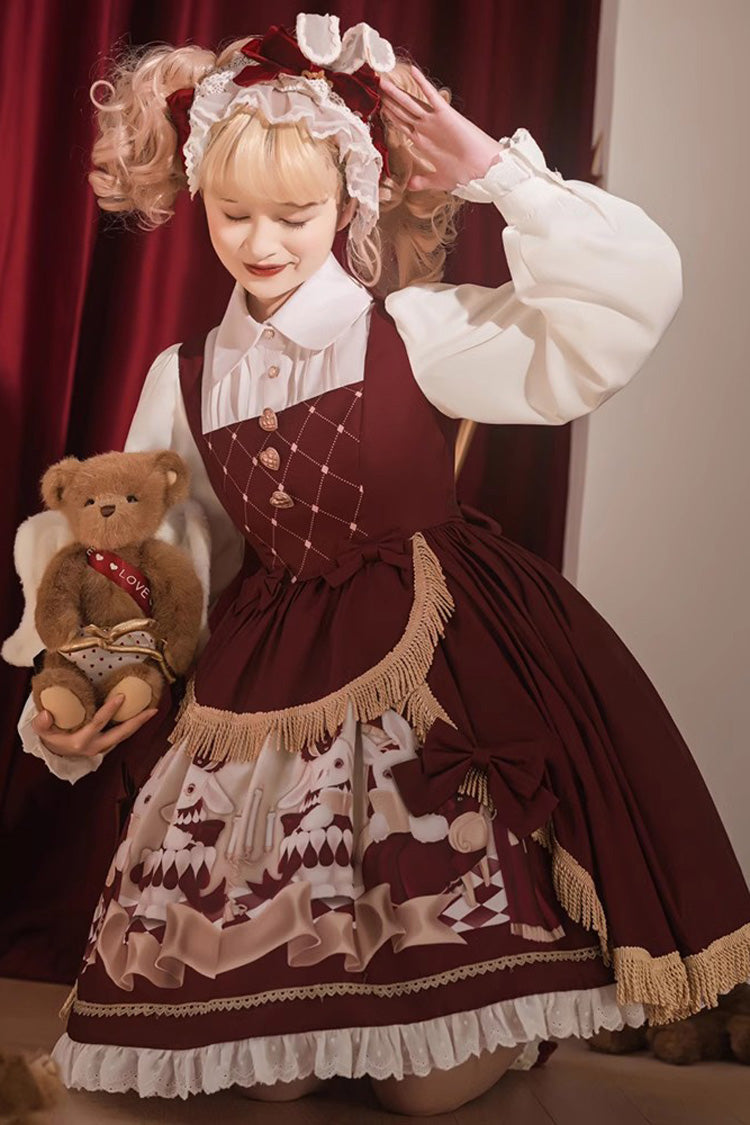 Red Doll Collar Bunny Reading Club Print Ruffle Lace Fake Two Pieces Sweet Princess Lolita Dress