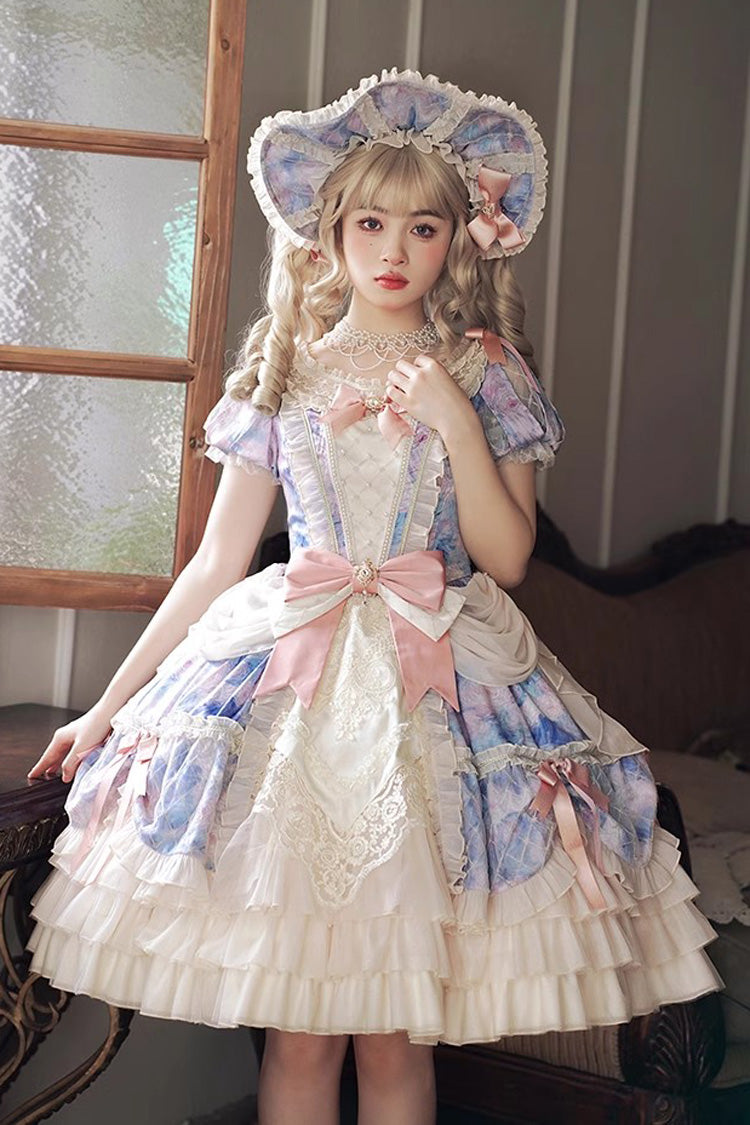 Angel Heart Sky Oil Painting Print Ruffle Cardigan Bowknot Sweet Princess Lolita Dress 3 Colors