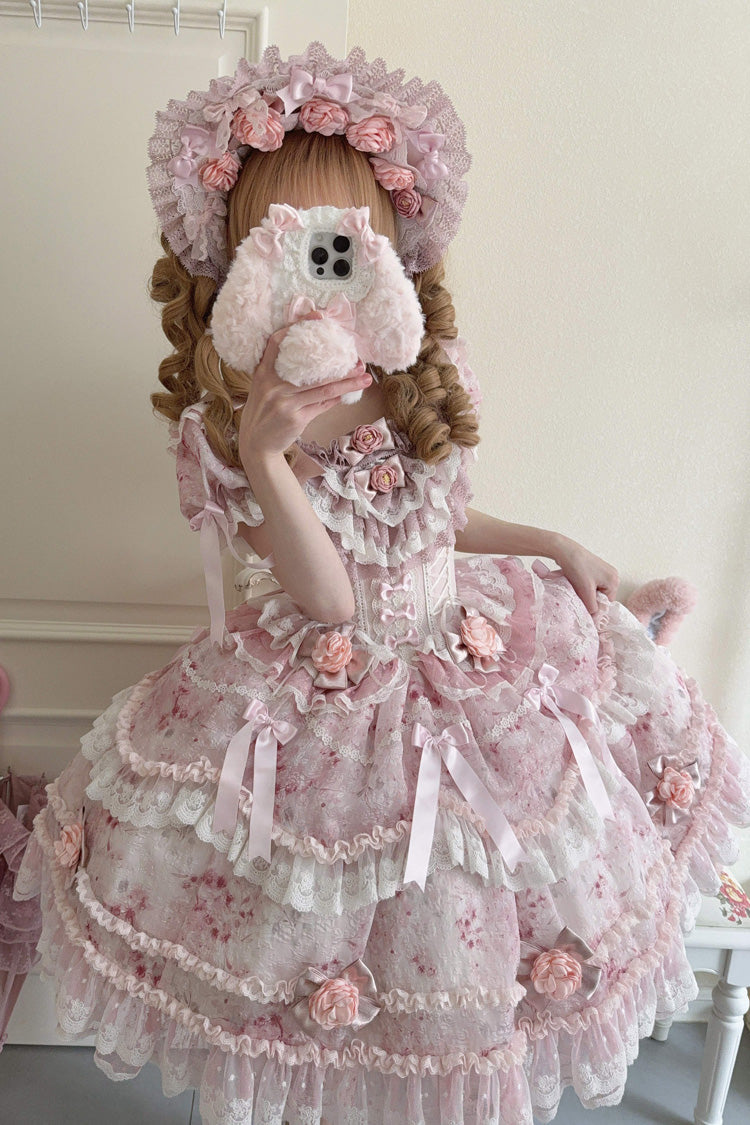 Pink Rose Manor Short Puff Sleeves Ruffle Bowknot Lace Sweet Japanese Princess Lolita Dress