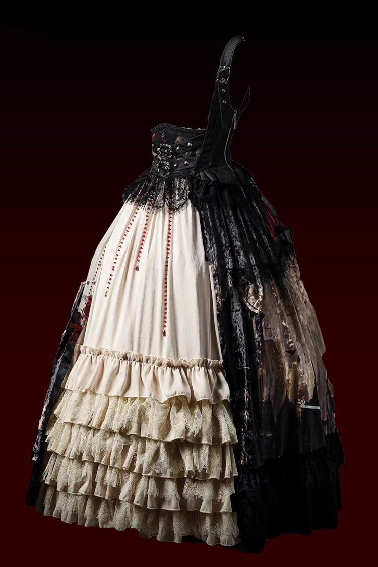 Heretical Nun Sleeveless Multi-Layered Printed Ruffled Open-Front Gothic Plus Size Lolita Strap Dress Long Version 2 Colors