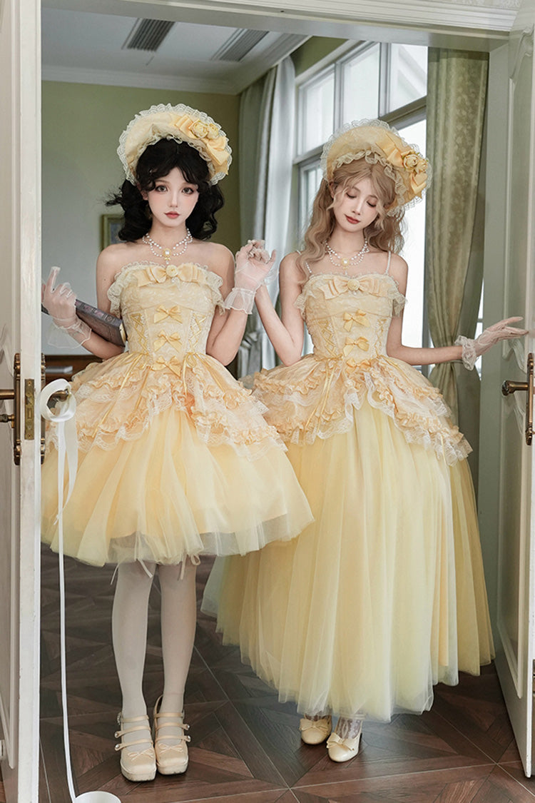 Yellow Sissi's Pilgrimage Off Shoulder Ruffle Bowknot Lace Sweet Lolita Skirt (Long Version)