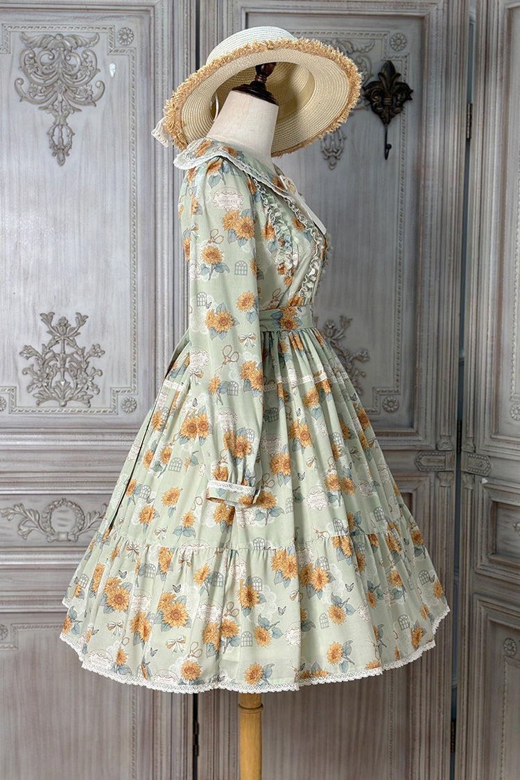 Green Gardening Sunflower Long Sleeves Print Ruffle Bowknot Sweet Elegant Lolita Dress