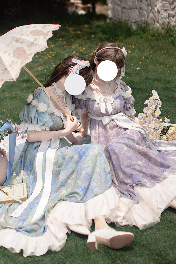 Purple Oil Painting Sun and Moon Poem Short Sleeves Print Ruffle Bowknot Sweet Princess Lolita Dress