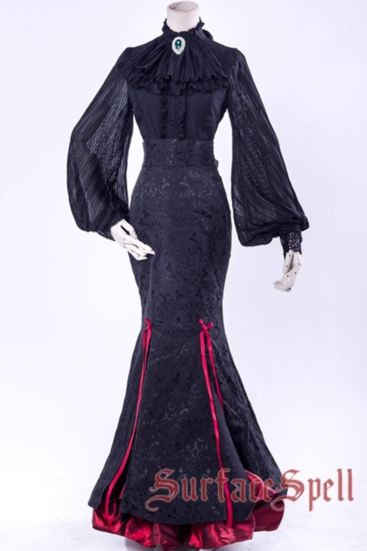 Black/Red Lorelei Double-Layered Print Ruffle Gothic Elegant Lolita Jacquard Mermaid Maxi Skirt