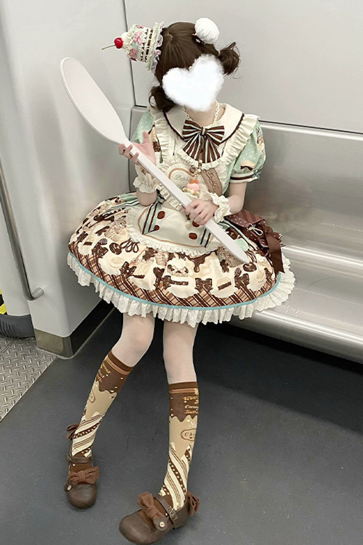 Brown Peppermint Chocolate Chocolate Cake Bear Print Ruffle Bowknot Lace-Up Sweet Lolita Dress