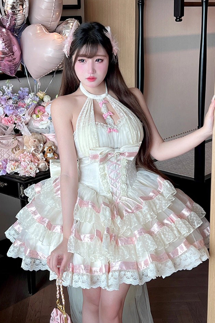 Beige Ballet Dream Halterneck Triple-Layered Ruffle Bowknot Lace-Up Sweet Princess Lolita Dress