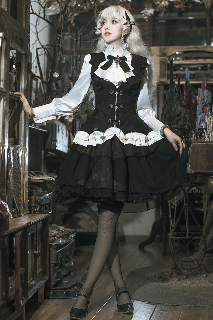 Black/White The Duke of Blood Multi-Layered Ruffle Bowknot Gothic Lolita Vest Skirt Set